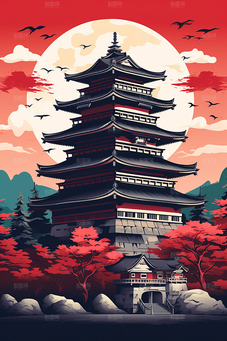 国潮风建筑艺术传统风格插画