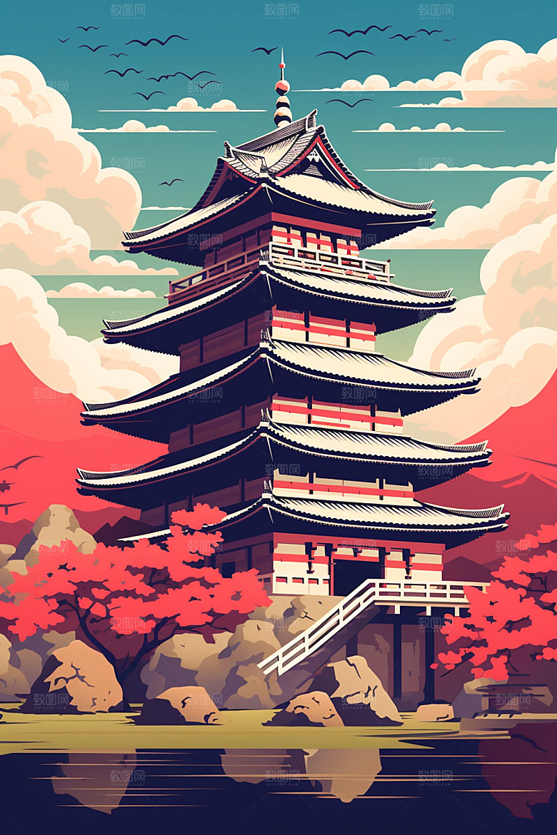 国潮风建筑中式传统风格插画