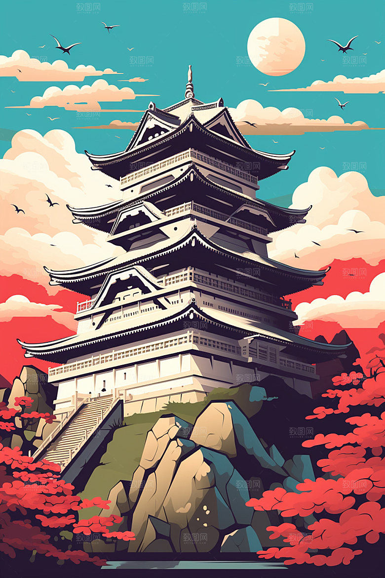 国潮风建筑中国风传统风格插画