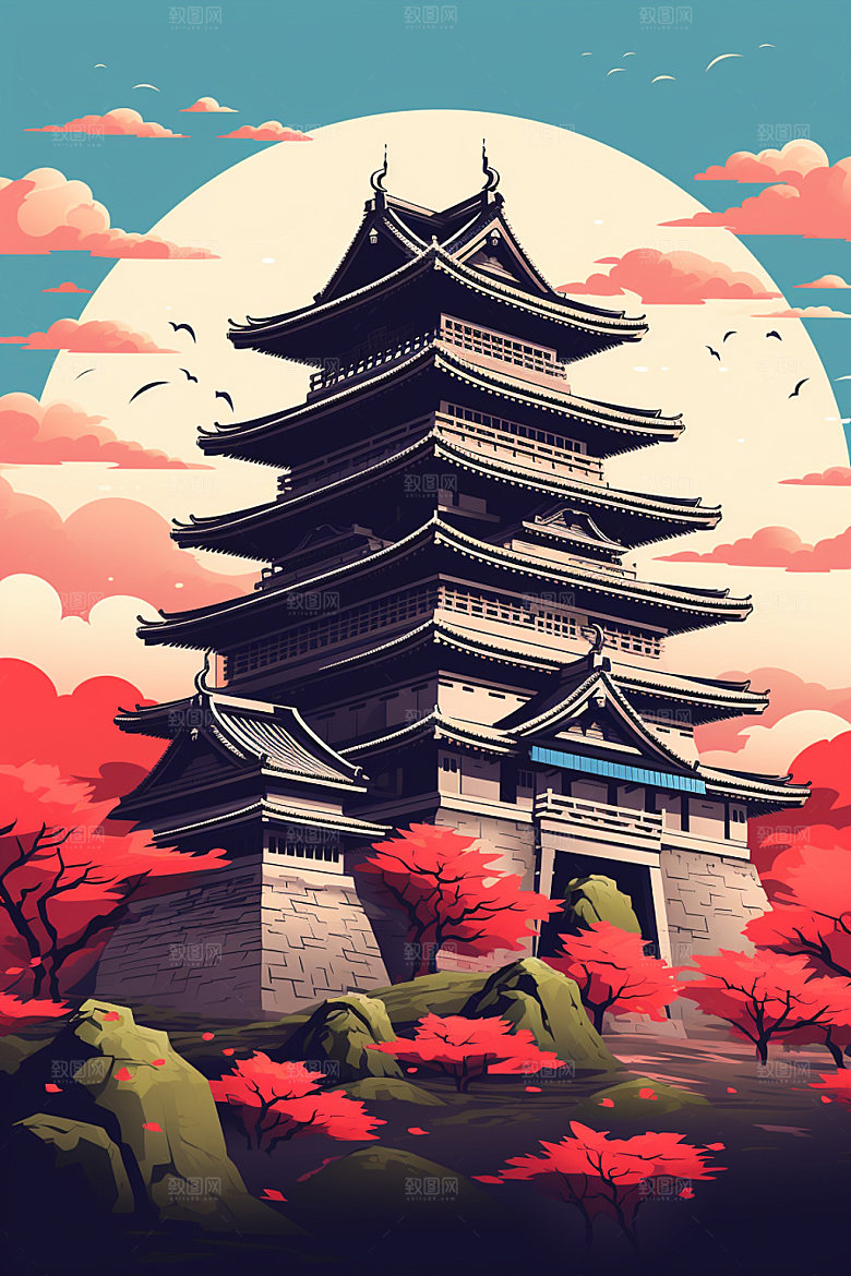国潮风建筑亭台楼阁艺术插画