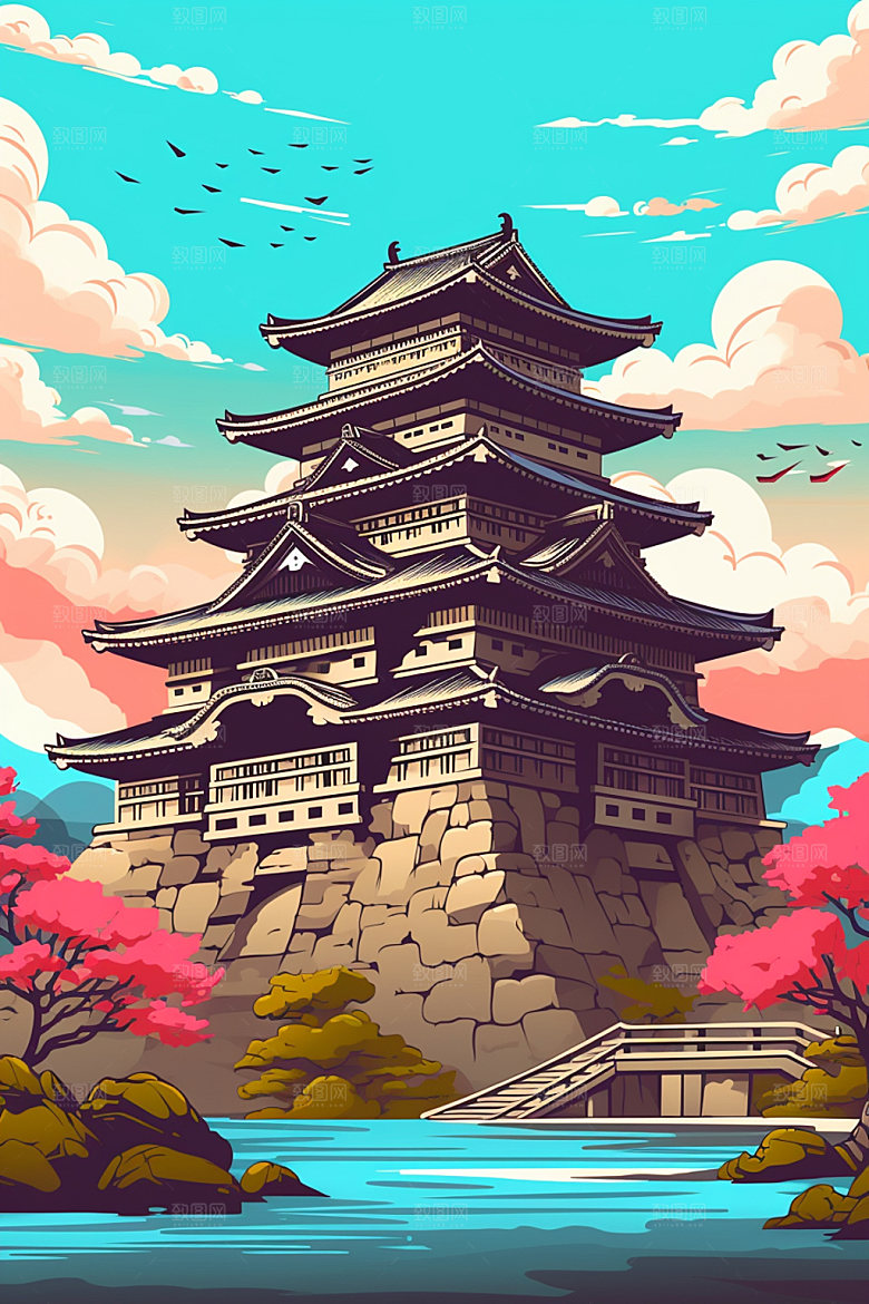 国潮风建筑亭台楼阁传统风格插画