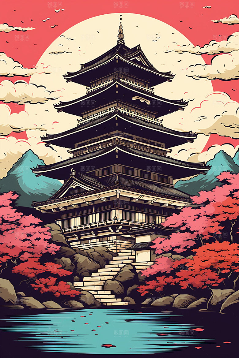 国潮风建筑亭台楼阁传统风格插画
