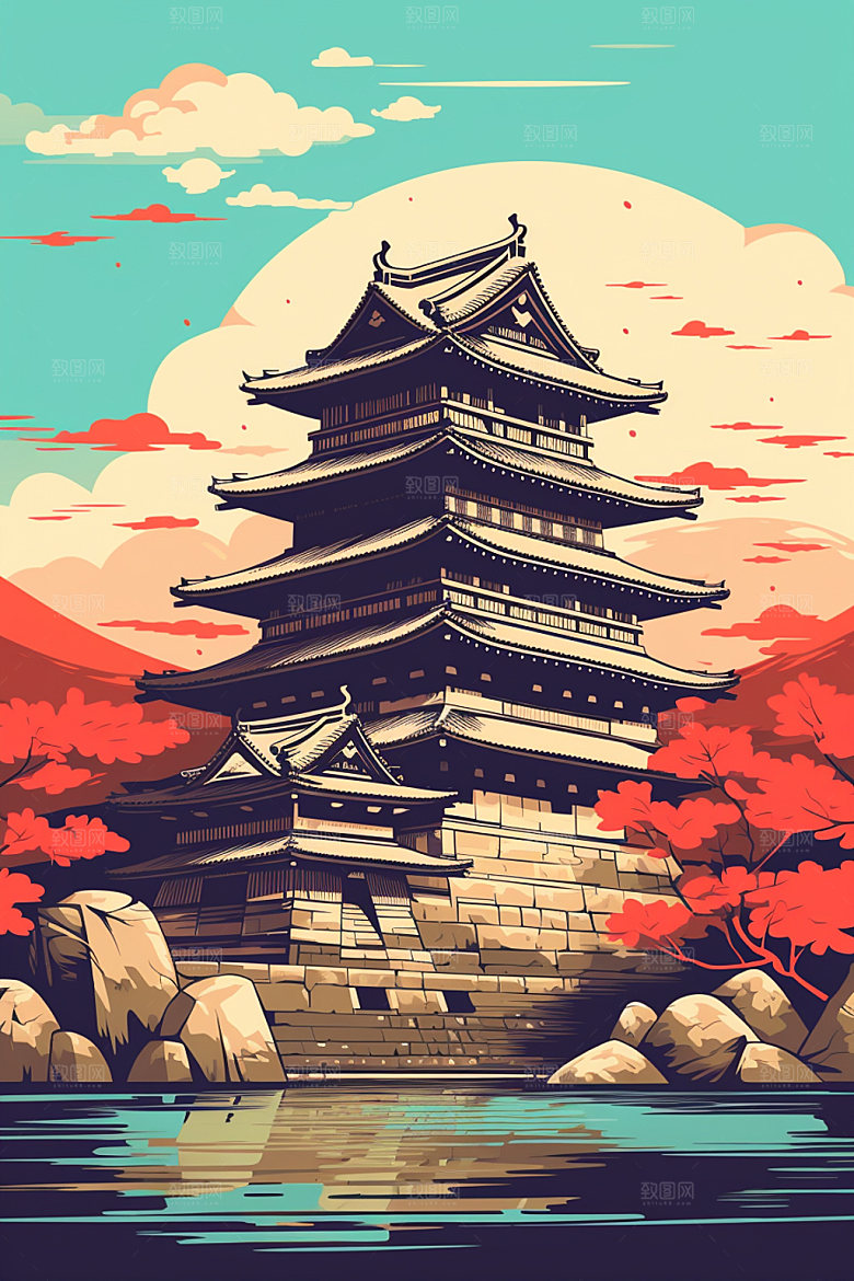 国潮风建筑中式艺术插画