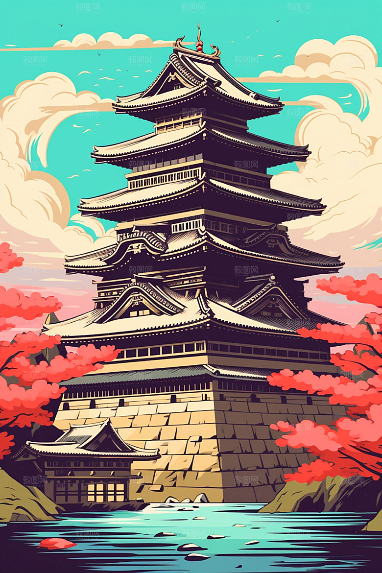 国潮风建筑传统风格中式插画