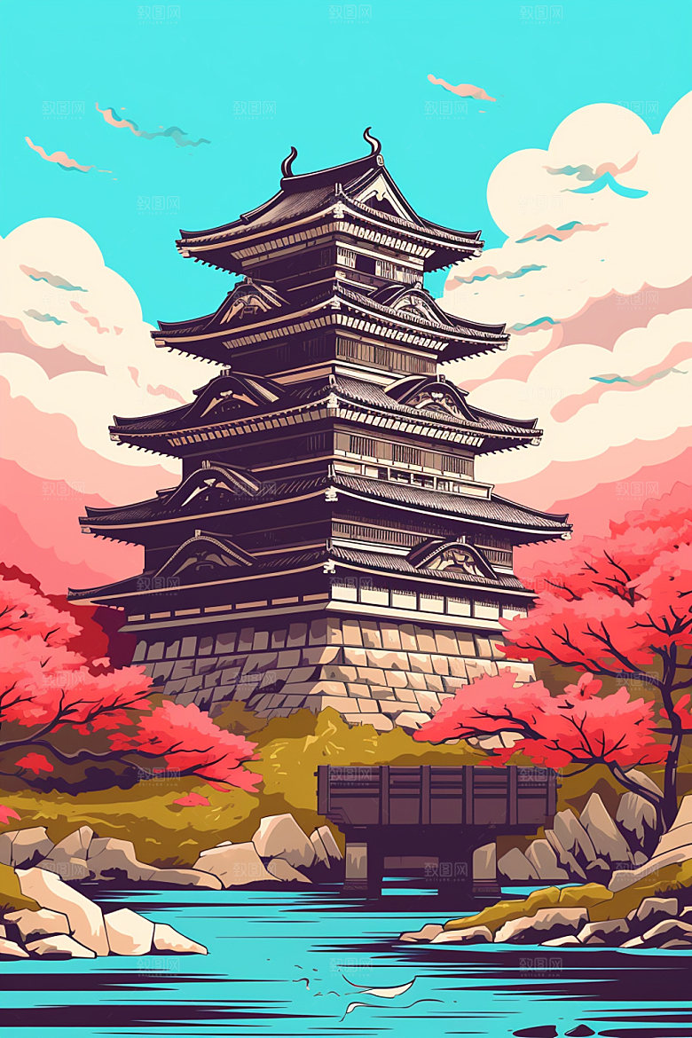 国潮风建筑中国风中式插画