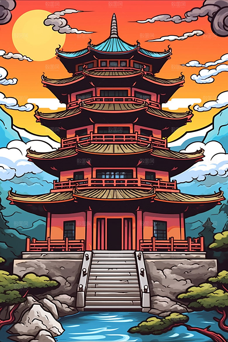 国潮风建筑中国风亭台楼阁插画