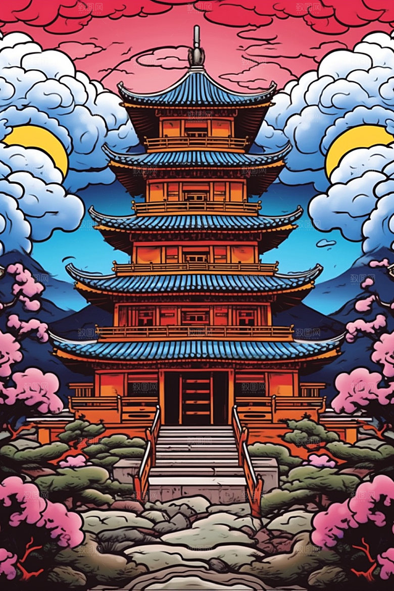国潮风建筑艺术亭台楼阁插画