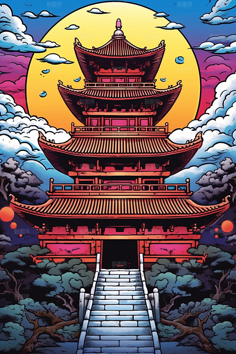 国潮风建筑艺术中式插画