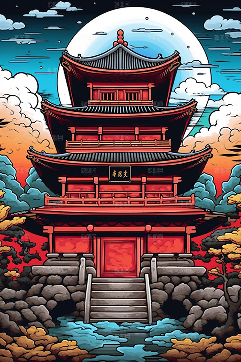 国潮风建筑中国风亭台楼阁插画