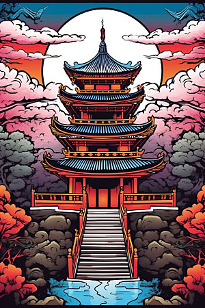 国潮风建筑中式艺术插画