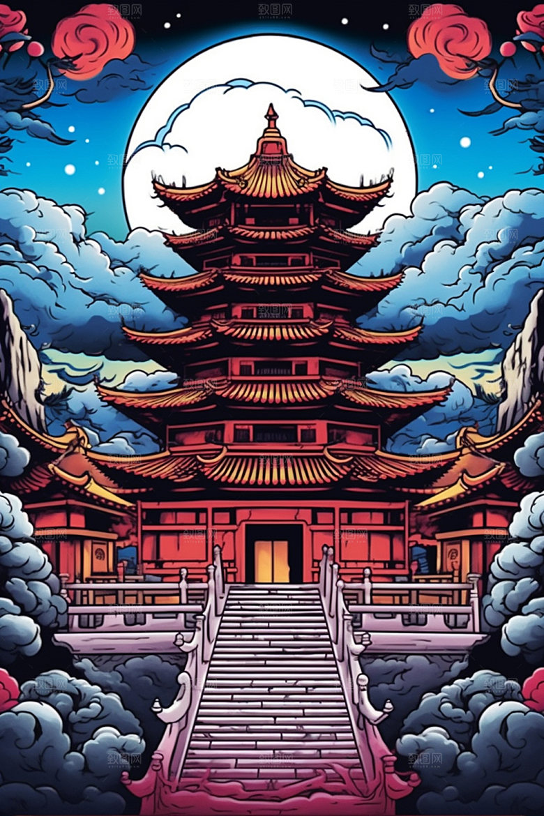 国潮风建筑亭台楼阁中式插画