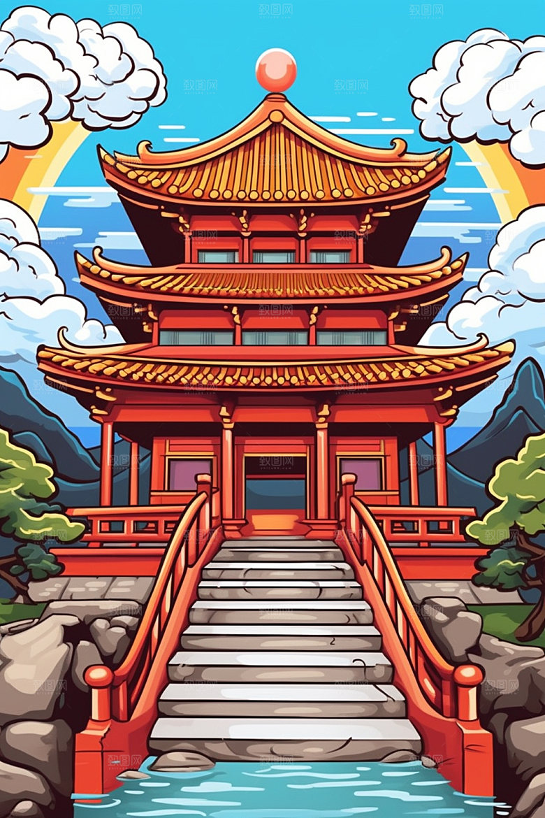国潮风建筑亭台楼阁中国风插画