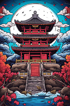 国潮风建筑艺术中国风插画