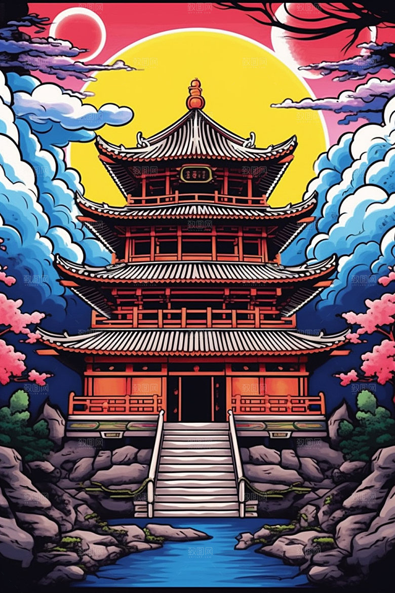 国潮风建筑传统风格艺术插画