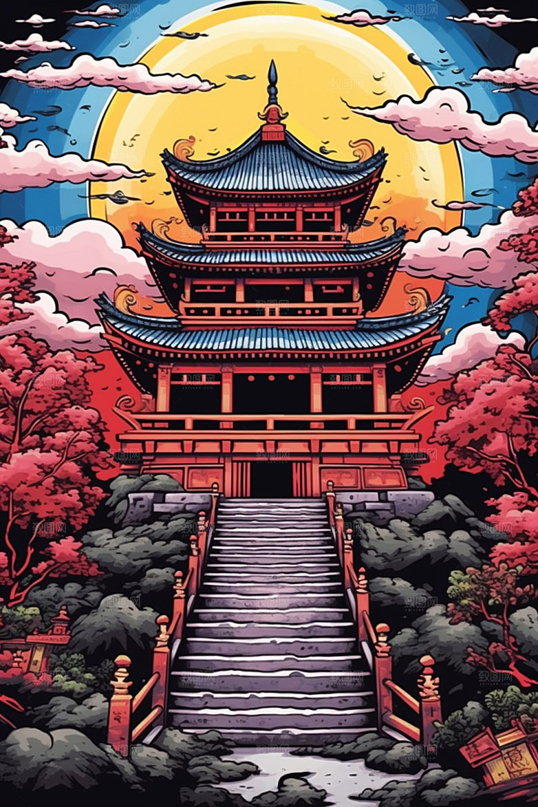 国潮风建筑艺术中国风插画