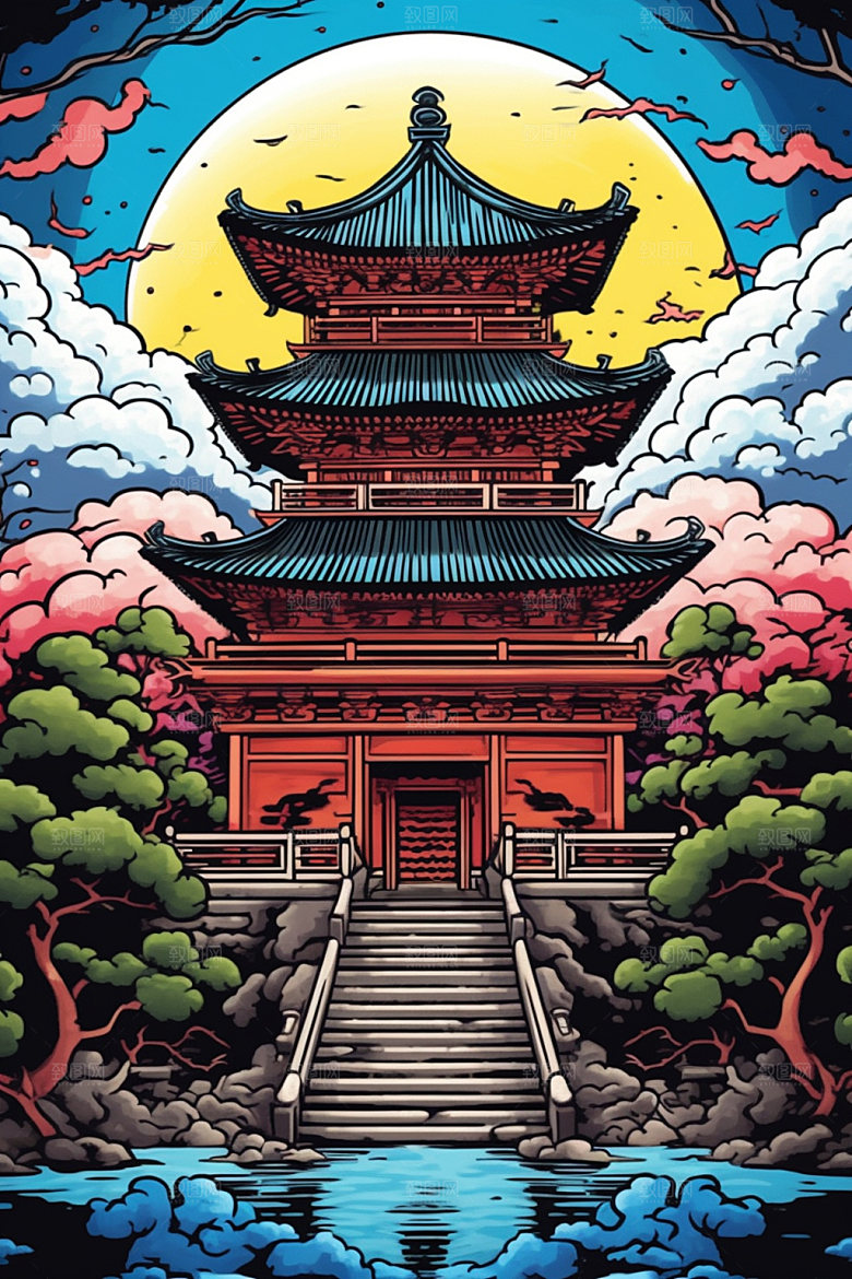 国潮风建筑亭台楼阁艺术插画
