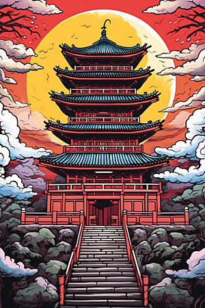 国潮风建筑中式艺术插画