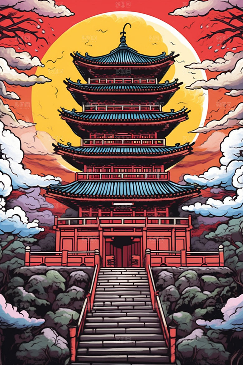 国潮风建筑中式艺术插画