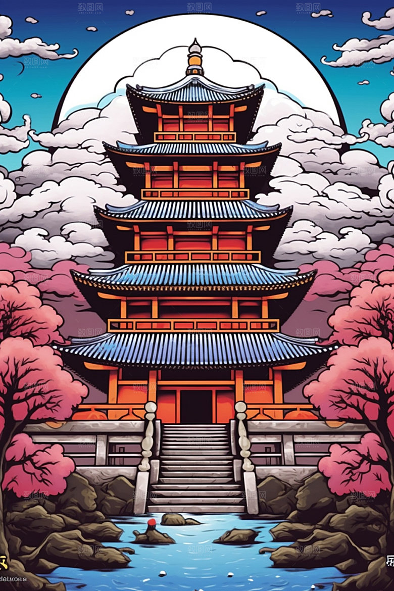 国潮风建筑亭台楼阁艺术插画