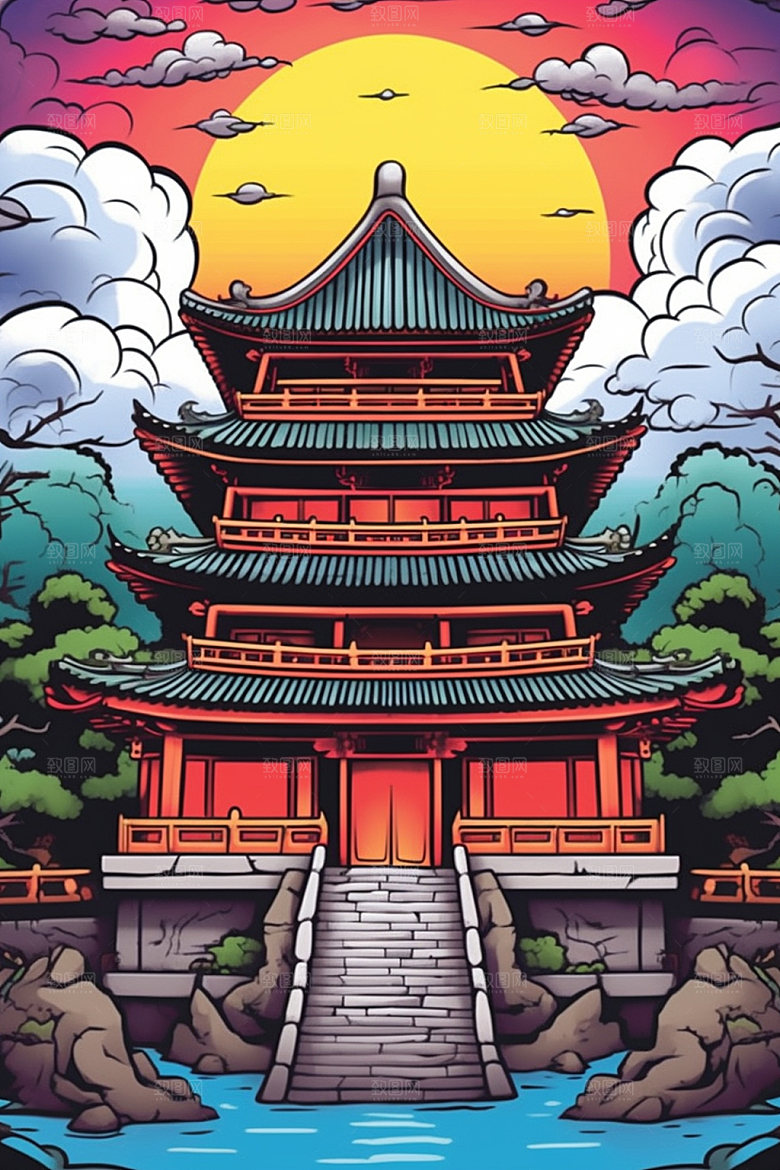 国潮风建筑中国风艺术插画