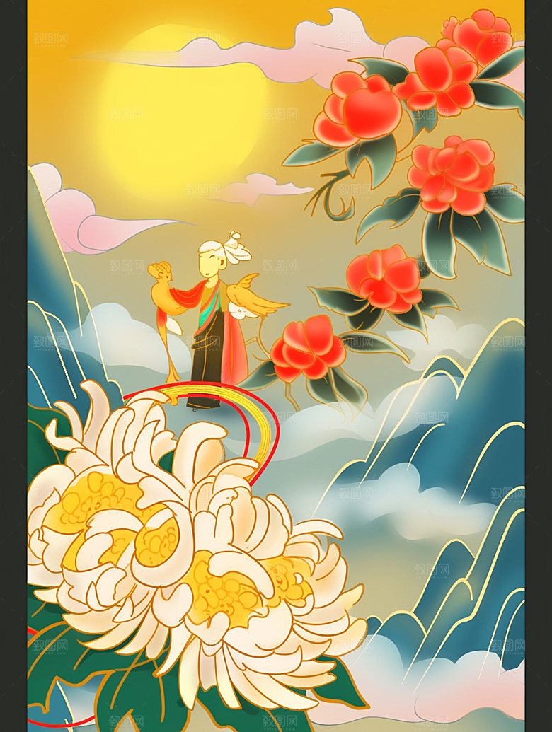 国潮山水中式菊花素材