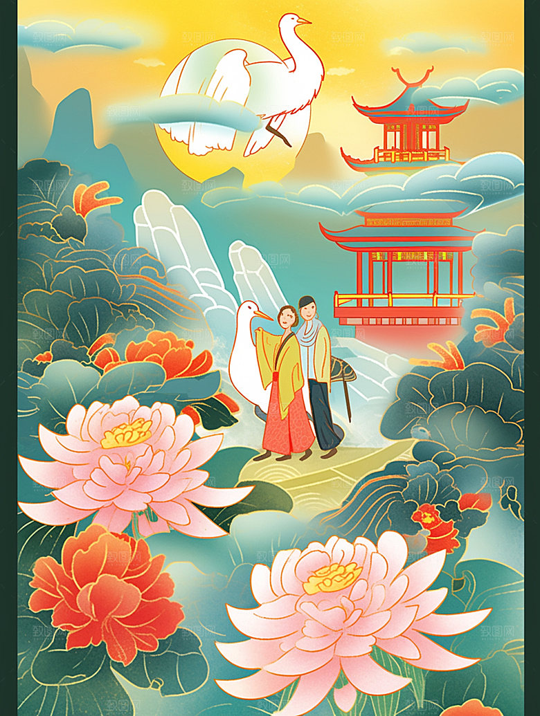 国潮山水菊花秋天素材
