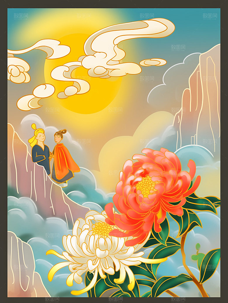 国潮山水菊花传统纹样素材