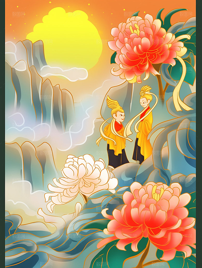 国潮山水菊花中式素材