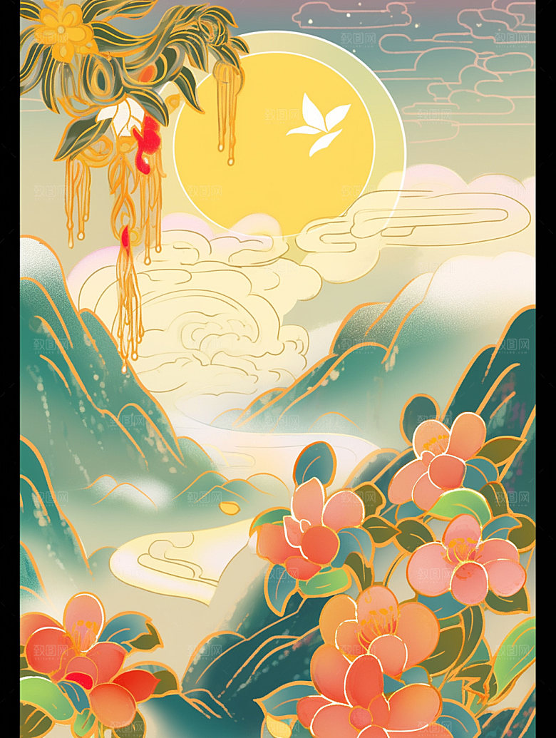 国潮山水秋天工笔画素材