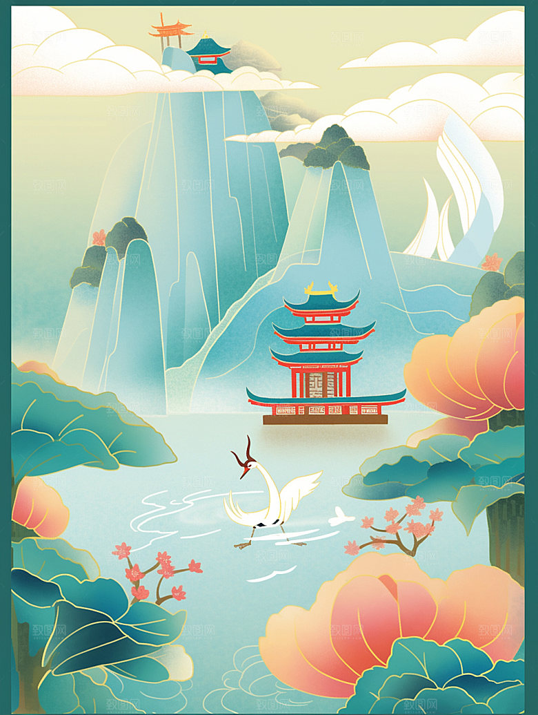 国潮山水传统纹样秋天素材