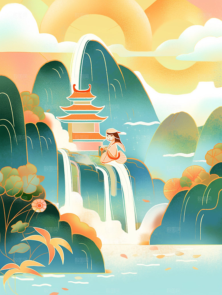 国潮山水菊花中国风素材