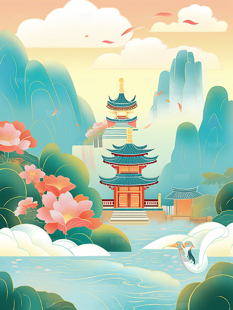 国潮山水秋天传统纹样素材