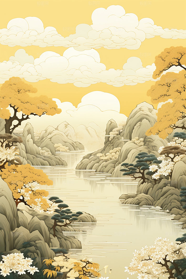 国潮山水秋天菊花素材