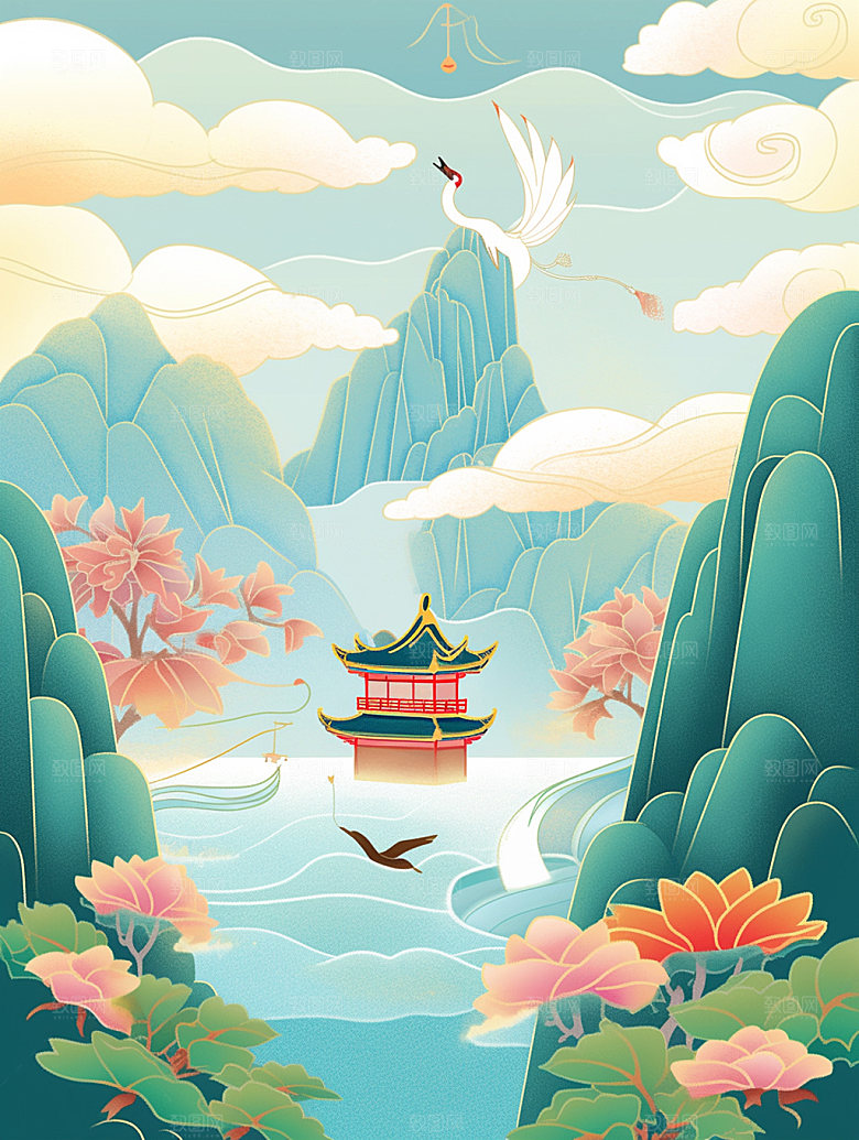 国潮山水金色工笔画素材