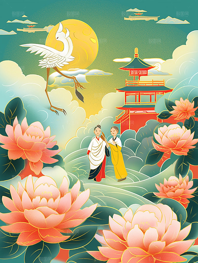 国潮山水秋天金色素材