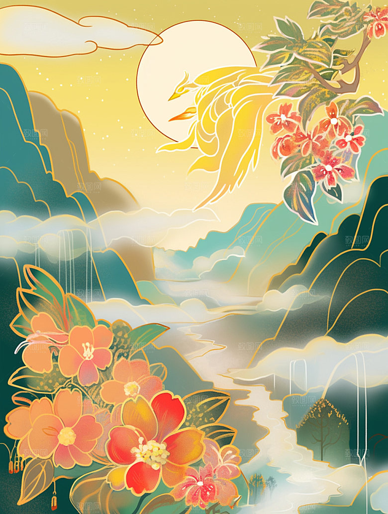 国潮山水中国风菊花素材