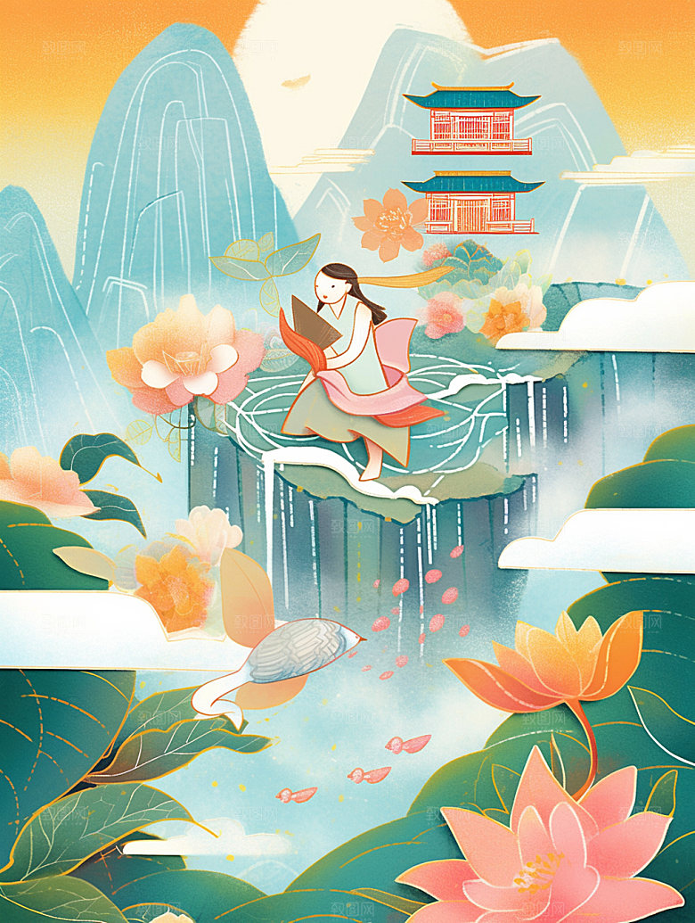 国潮山水秋天菊花素材