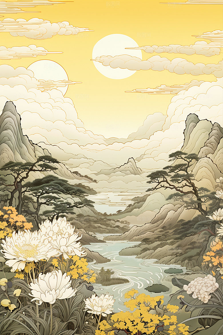 国潮山水工笔画菊花素材