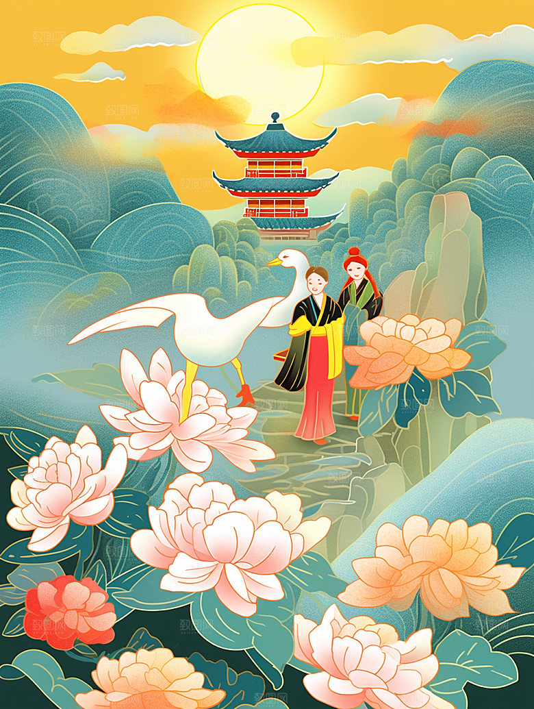 国潮山水中式传统纹样素材