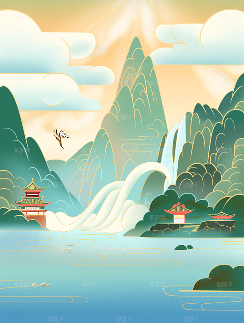 国潮山水菊花金色素材