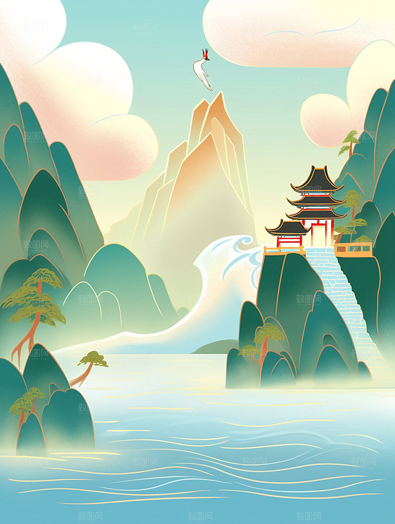 国潮山水菊花金色素材