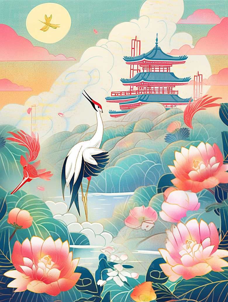 国潮山水工笔画秋天素材