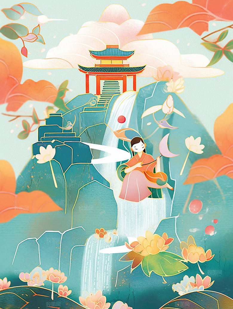 国潮山水秋天中国风素材