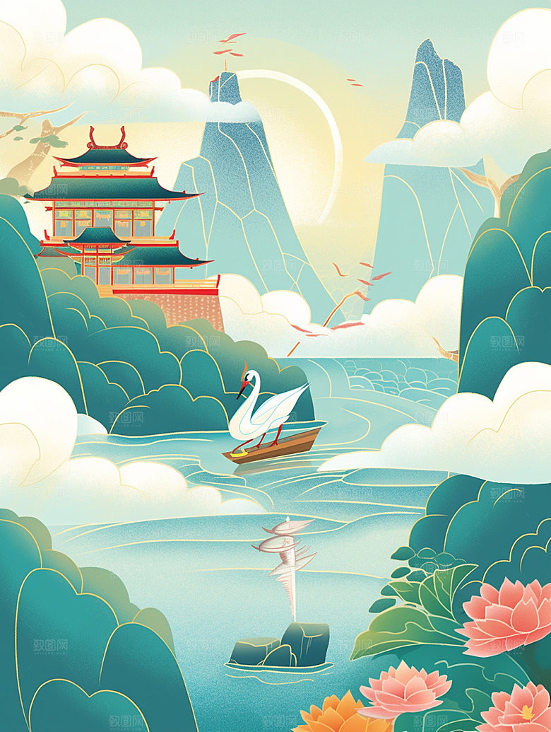 国潮山水菊花传统纹样素材