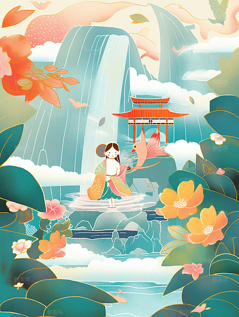 国潮山水金色秋天素材