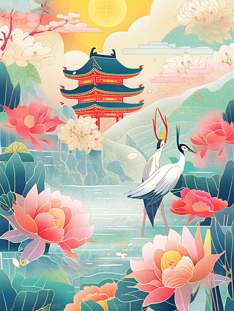 国潮山水菊花工笔画素材