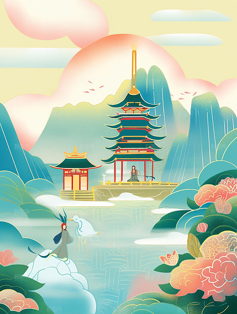 国潮山水金色菊花素材