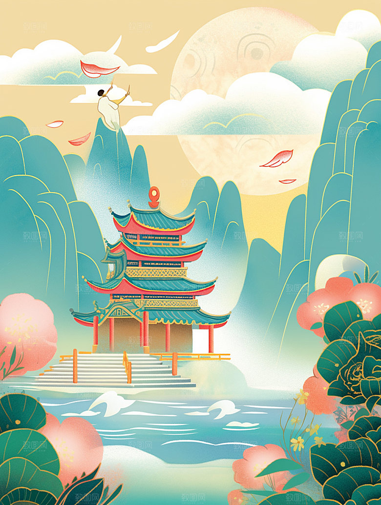 国潮山水中式秋天素材