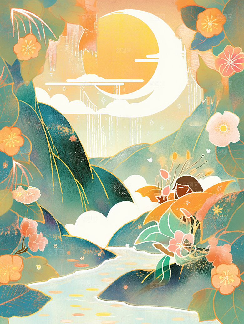 国潮山水工笔画菊花素材