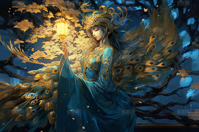 国潮孔雀彩色手绘插画